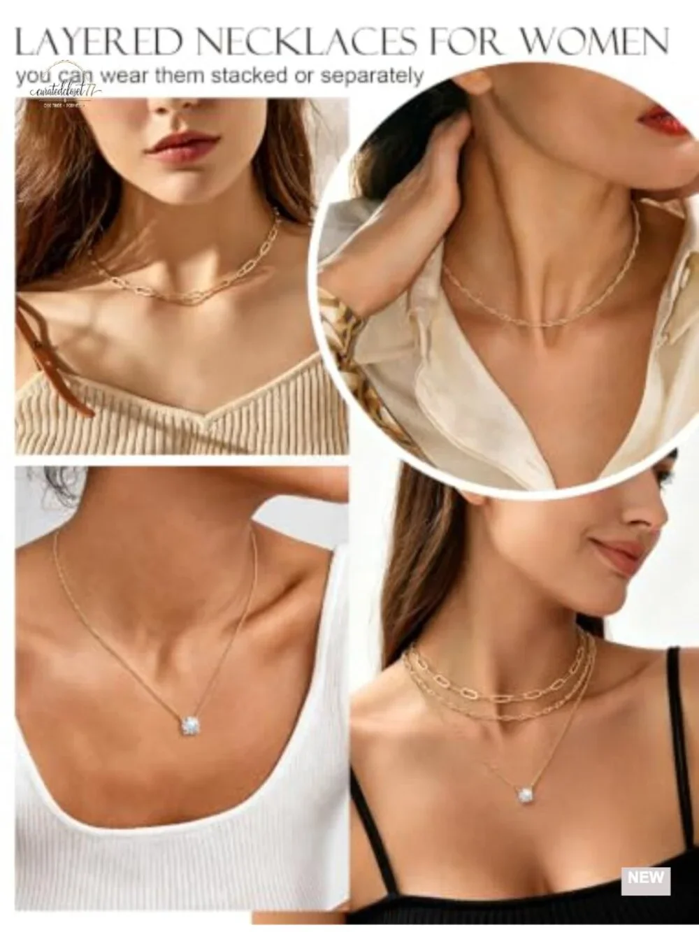 14K Gold Plated Layered Necklace Set, 3-Piece with CZ Pendant, Paperclip